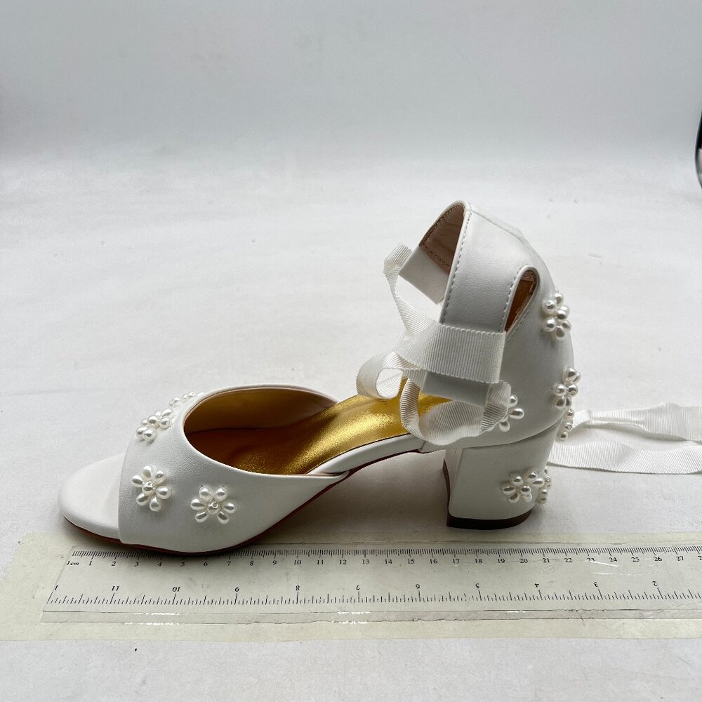 XYD White Open Toe with Bloom Pearl Flower Ribbon Ankle Strap Chunky Heel Sandal - Picture 2 of 8